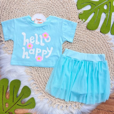 Conj. Blusa Hello Happy e Short Saia em Tule - Verde Água